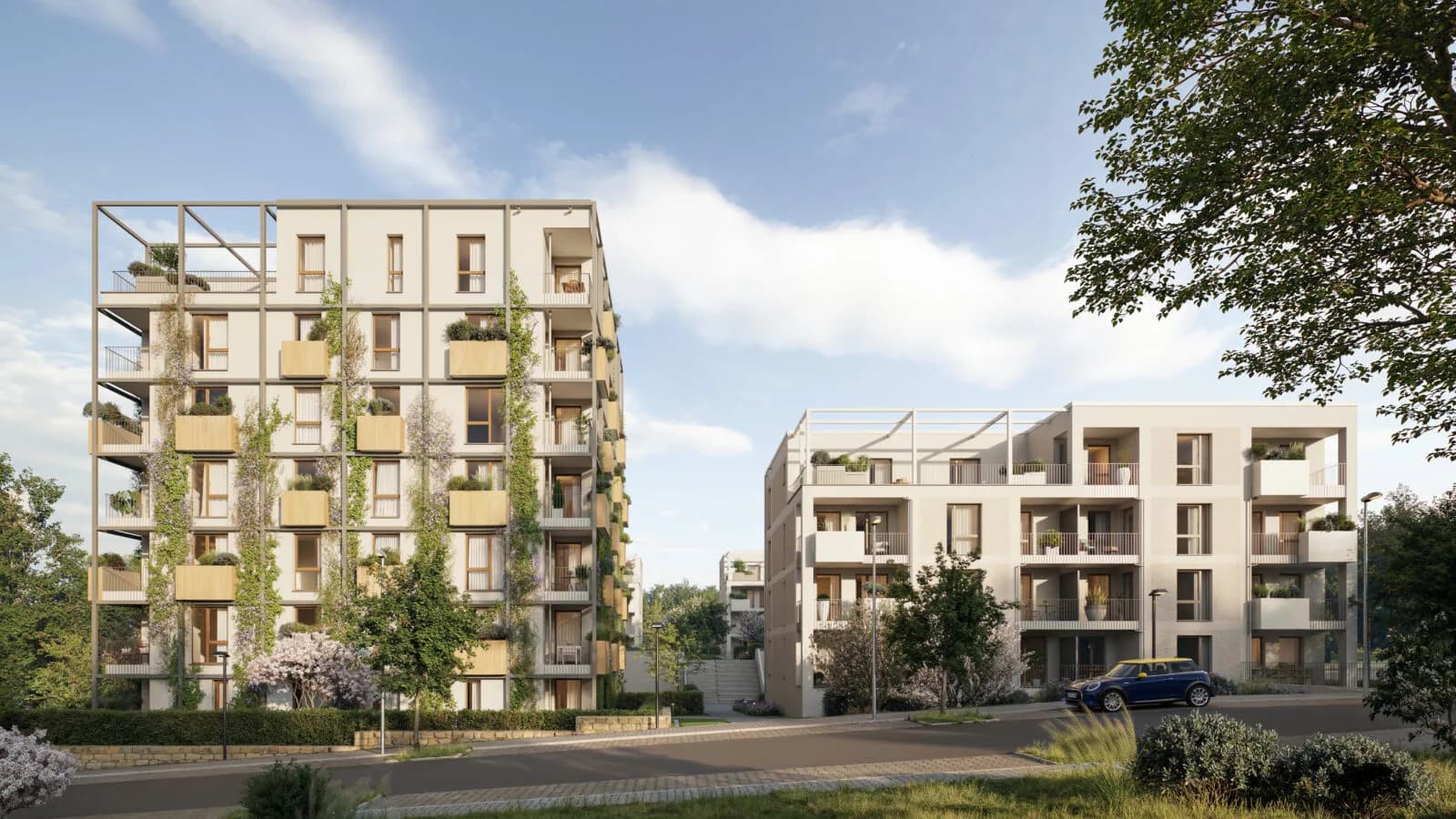 Südansicht des Neubauprojekts Lumen in Remseck-Neckarrems mit begrünter Fassade